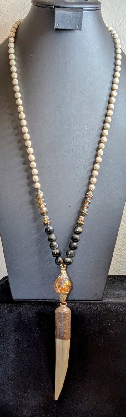 Fabulina Designs Horn Pendant Crystal Stone Bead Boho 32" Necklace